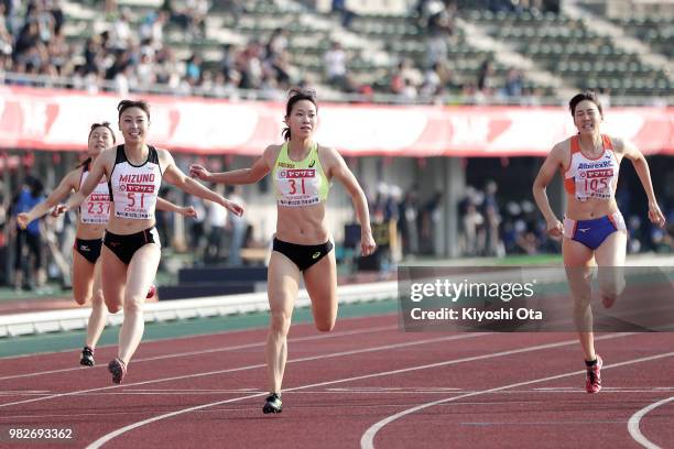 Chisato Fukushima reacts as she wins the Women's 200m final on day three of the 102nd JAAF Athletic Championships at Ishin Me-Life Stadium on June...