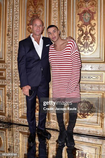 Massimo Piombini and Olivier Rousteing attend the Balmain Menswear Spring/Summer 2019 show as part of Paris Fashion Week on June 24, 2018 in Paris,...