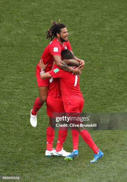 Felipe Baloy of Panama celebrates with teammates after scoring his team's first goal during the 2018 FIFA World Cup Russia group G match between...