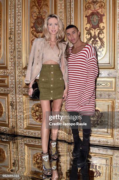 Olga Shalnova and Olivier Rousteing attend the Balmain Menswear Spring/Summer 2019 show as part of Paris Fashion Week on June 24, 2018 in Paris,...