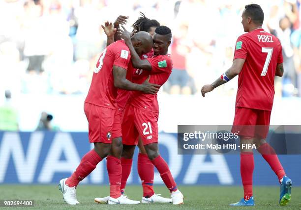 Felipe Baloy of Panama celebrates with teammates after scoring his team's first goal during the 2018 FIFA World Cup Russia group G match between...