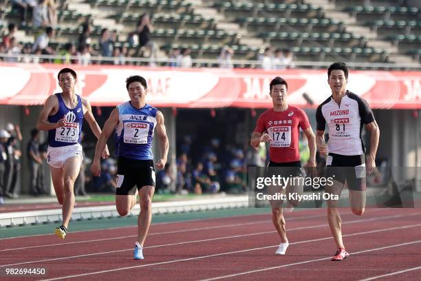 Wataru Inuzuka, Yuki Koike, Yoshihide Kiryu and Shota Iizuka compete in the Men's 200m final on day three of the 102nd JAAF Athletic Championships at...