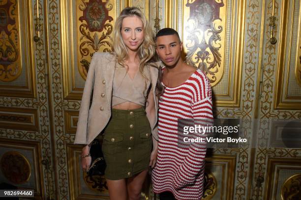 Olga Shalnova and Olivier Rousteing attend the Balmain Menswear Spring/Summer 2019 show as part of Paris Fashion Week on June 24, 2018 in Paris,...