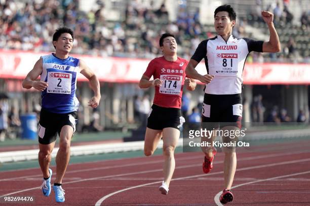 Shota Iizuka reacts as he wins the Men's 200m final on day three of the 102nd JAAF Athletic Championships at Ishin Me-Life Stadium on June 24, 2018...