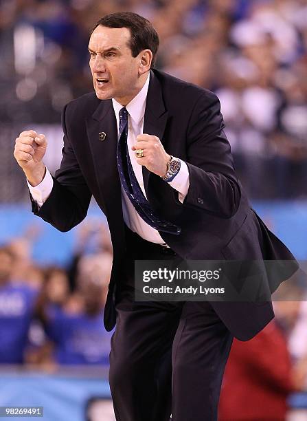 Head coach Mike Krzyzewski of the Duke Blue Devils reacts in the second half while taking on the Butler Bulldogs during the 2010 NCAA Division I...