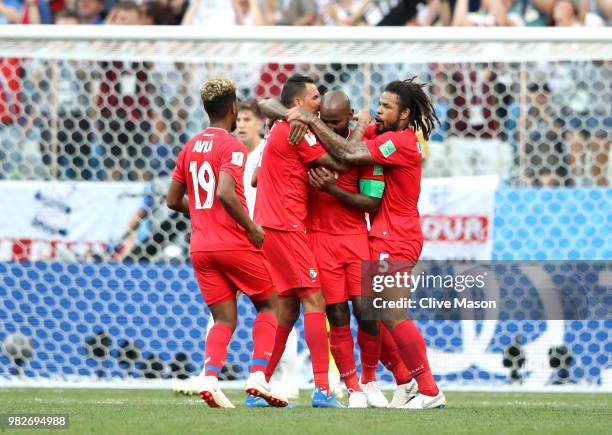 Felipe Baloy of Panama celebrates with teammates after scoring his team's first goal during the 2018 FIFA World Cup Russia group G match between...