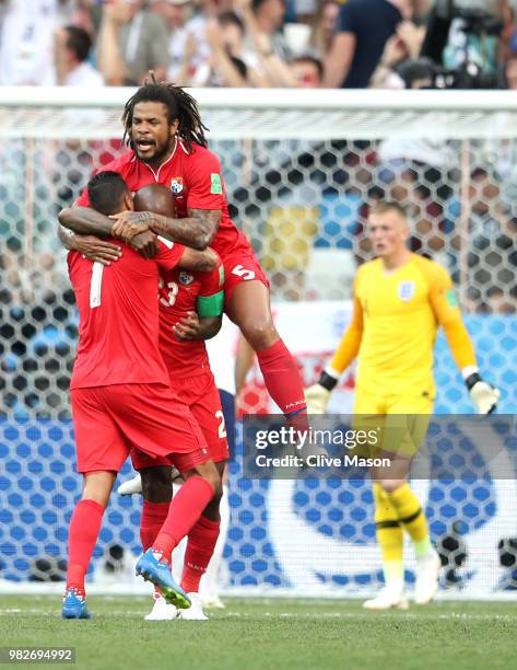 Felipe Baloy of Panama celebrates with teammates after scoring his team's first goal during the 2018 FIFA World Cup Russia group G match between...