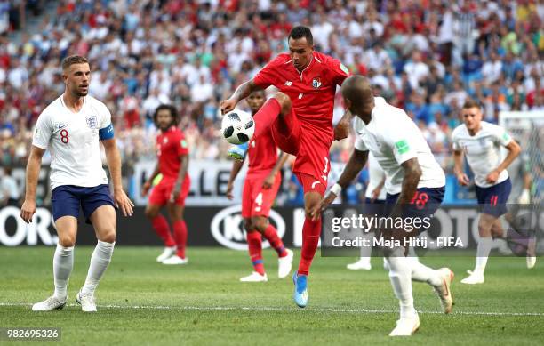 Blas Perez of Panama controls the ball during the 2018 FIFA World Cup Russia group G match between England and Panama at Nizhny Novgorod Stadium on...
