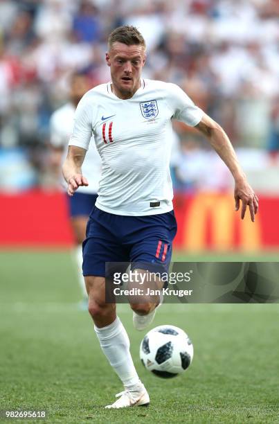 Jamie Vardy of England runs with the ball during the 2018 FIFA World Cup Russia group G match between England and Panama at Nizhny Novgorod Stadium...