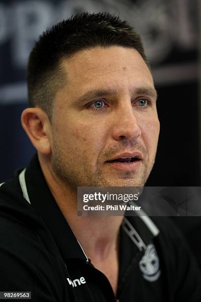 Steve Price of the Warriors speaks at an NRL press conference at Mount Smart Stadium on April 6, 2010 in Auckland, New Zealand. Price announced his...