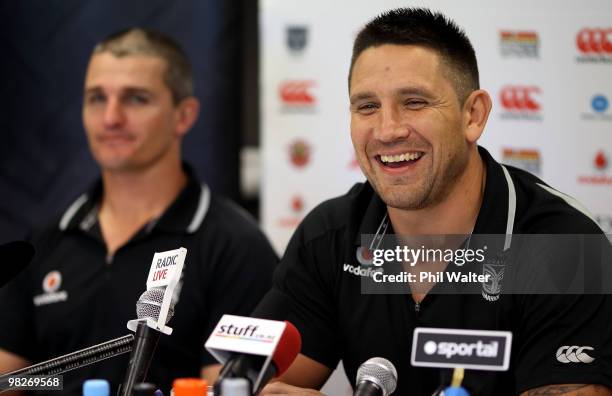 Steve Price of the Warriors speaks at an NRL press conference with head coach Ivan Cleary at Mount Smart Stadium on April 6, 2010 in Auckland, New...