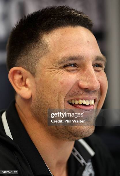 Steve Price of the Warriors speaks at an NRL press conference at Mount Smart Stadium on April 6, 2010 in Auckland, New Zealand. Price announced his...