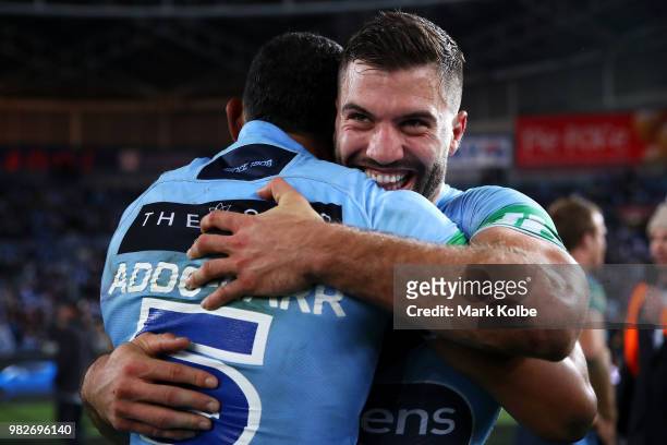 Josh Addo-Carr and James Tedesco of the Blues celebrate victory after game two of the State of Origin series between the New South Wales Blues and...