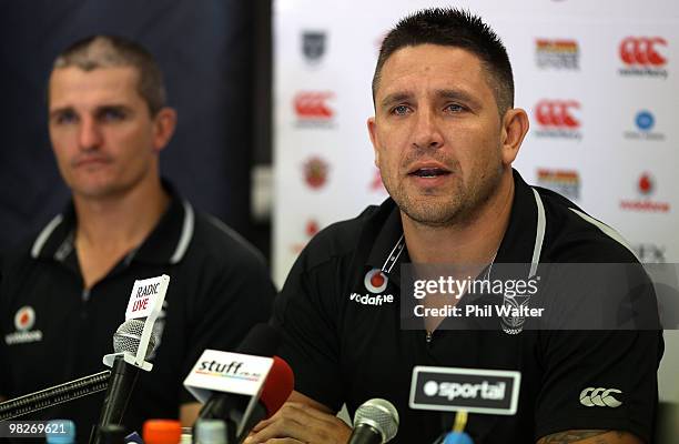 Steve Price of the Warriors speaks at an NRL press conference with head coach Ivan Cleary at Mount Smart Stadium on April 6, 2010 in Auckland, New...