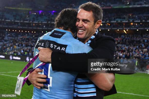 James Roberts of the Blues and Blues coach Brad Fittler celebrate victory after game two of the State of Origin series between the New South Wales...