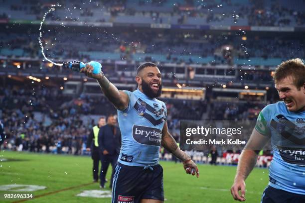 Josh Addo-Carr of the Blues celebrates victory after game two of the State of Origin series between the New South Wales Blues and the Queensland...