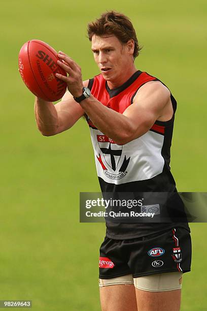 Justin Koschitzke of the Saints marks during a St Kilda Saints AFL training session at Linen House Oval on April 6, 2010 in Melbourne, Australia.