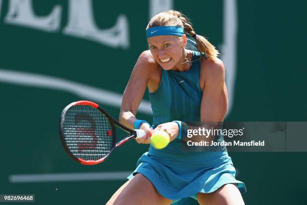 Petra Kvitova of the Czech Republic plays a backhand during her singles Final match against Magdalena Rybarikova of Slovakia during day nine of the...