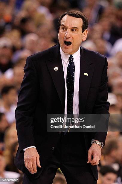 Head coach Mike Krzyzewski of the Duke Blue Devils reacts as he coaches against the Butler Bulldogs during the 2010 NCAA Division I Men's Basketball...