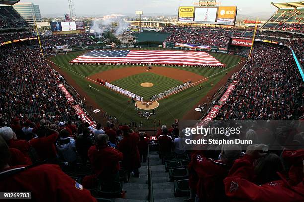 View of the field during pregame ceremonies prior to the Los Angeles Angels of Anaheim playing the Minnesota Twins on Opening Day at Angel Stadium on...