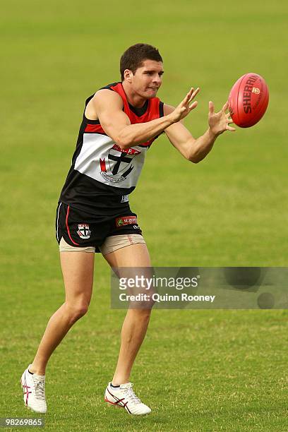 Leigh Montagna of the Saints marks during a St Kilda Saints AFL training session at Linen House Oval on April 6, 2010 in Melbourne, Australia.