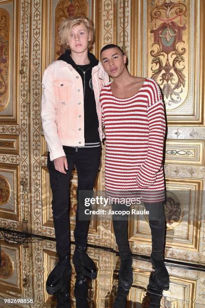 Lucas Portman and Olivier Rousteing attend the Balmain Menswear Spring/Summer 2019 show as part of Paris Fashion Week on June 24, 2018 in Paris,...