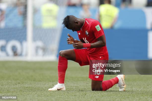 Abdiel Arroyo of Panama is praying after the match during the 2018 FIFA World Cup Russia group G match between England and Panama at the Nizhny...