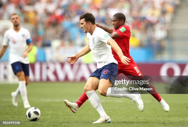 Harry Maguire of England is challenged by Armando Cooper of Panama during the 2018 FIFA World Cup Russia group G match between England and Panama at...