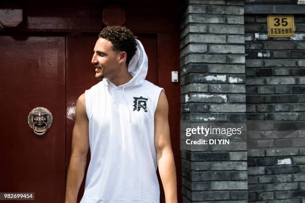 Player Klay Thompson of the Golden State Warriors travel in a lane on June 24, 2018 in Beijing, China.