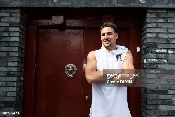 Player Klay Thompson of the Golden State Warriors travel in a lane on June 24, 2018 in Beijing, China.