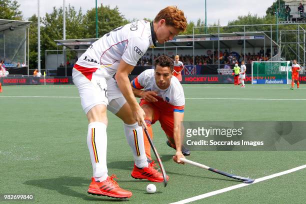 Gauthier Boccard of Belgium, Valentin Verga of Holland during the Champions Trophy match between Holland v Belgium at the Hockeyclub Breda on June...