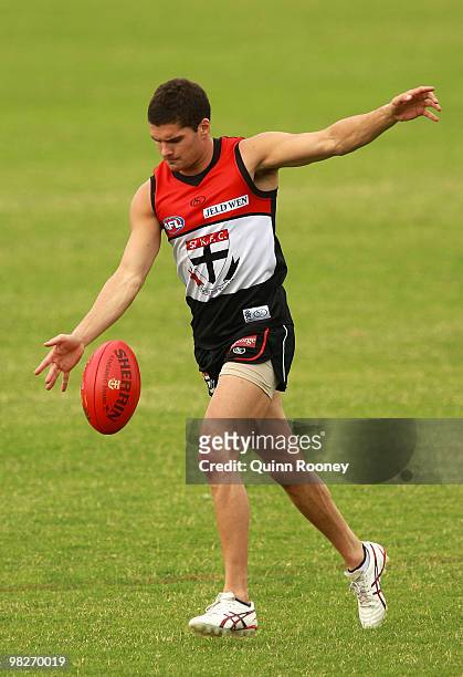 Leigh Montagna of the Saints kicks during a St Kilda Saints AFL training session at Linen House Oval on April 6, 2010 in Melbourne, Australia.