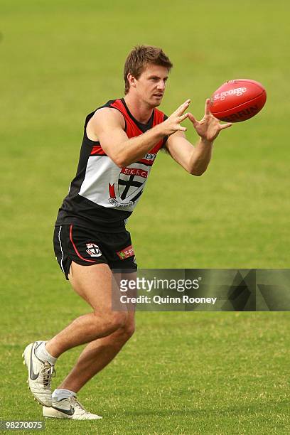 Andrew McQualter of the Saints marks during a St Kilda Saints AFL training session at Linen House Oval on April 6, 2010 in Melbourne, Australia.