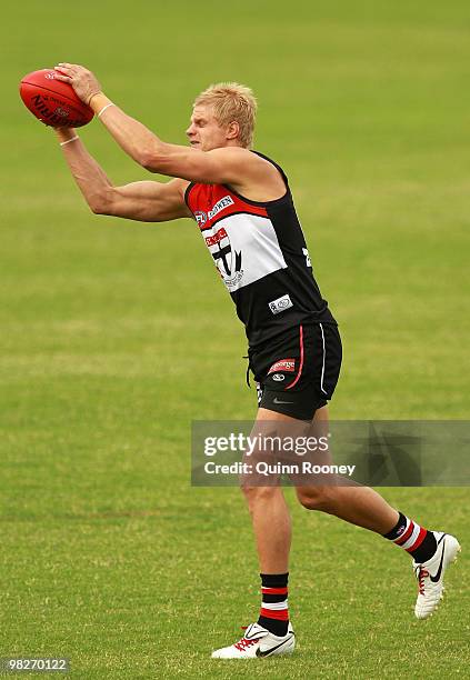 Nick Riewoldt of the Saints marks during a St Kilda Saints AFL training session at Linen House Oval on April 6, 2010 in Melbourne, Australia.