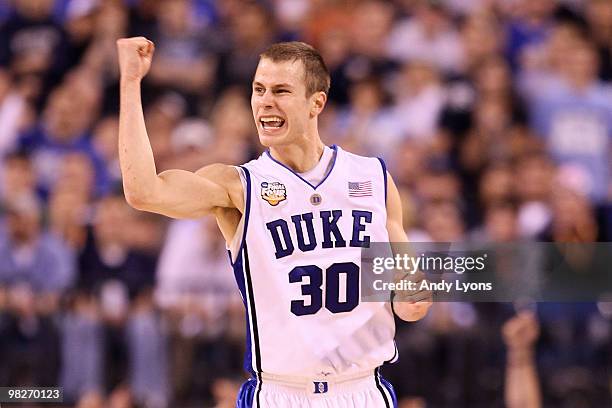 Jon Scheyer of the Duke Blue Devils reacts in the second half while taking on the Butler Bulldogs during the 2010 NCAA Division I Men's Basketball...