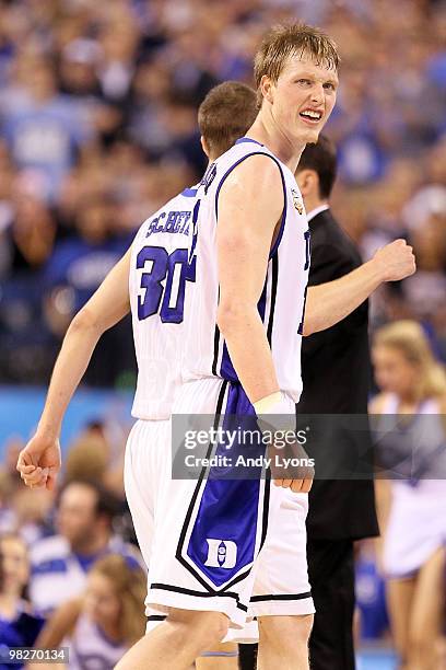 Kyle Singler of the Duke Blue Devils reacts in the second half while taking on the Butler Bulldogs during the 2010 NCAA Division I Men's Basketball...