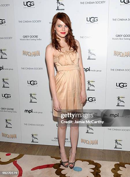 Emma Stone attends the Cinema Society with UGG & Suffolk County Film Commission's screening of "Paper Man" at the Crosby Street Hotel on April 5,...