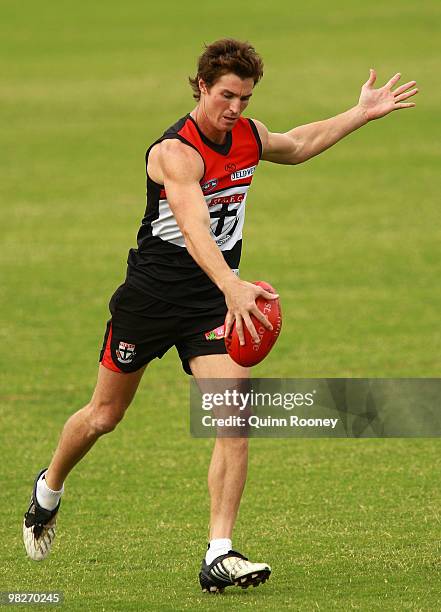 Lenny Hayes of the Saints kicks during a St Kilda Saints AFL training session at Linen House Oval on April 6, 2010 in Melbourne, Australia.