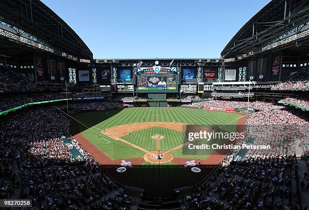 General view of action between the San Diego Padres and the Arizona Diamondbacks during the Opening Day major league baseball game at Chase Field on...