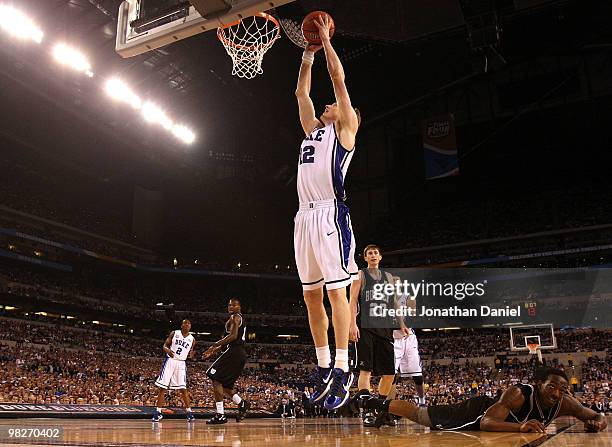 Kyle Singler of the Duke Blue Devils goes up for a shot attempt against the Butler Bulldogs during the 2010 NCAA Division I Men's Basketball National...