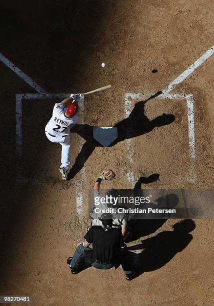 Mark Reynolds of the Arizona Diamondbacks bats against the San Diego Padres during the Opening Day major league baseball game at Chase Field on April...