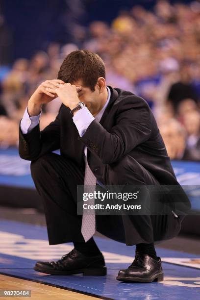 Head coach Brad Stevens of the Butler Bulldogs reacts in the second half while taking on the Duke Blue Devils during the 2010 NCAA Division I Men's...