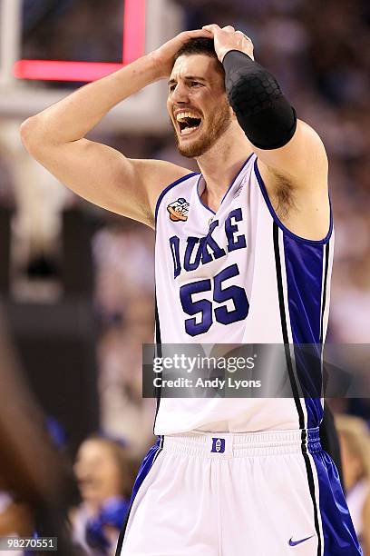 Brian Zoubek of the Duke Blue Devils reacts after the Blue Devisl defeat the Butler Bulldogs 61-59 in the 2010 NCAA Division I Men's Basketball...