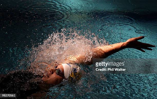 Emily Thomas competes in the Womens 100m backstroke during day two of the New Zealand Open Swimming Championships at the West Wave Aquatic Centre on...