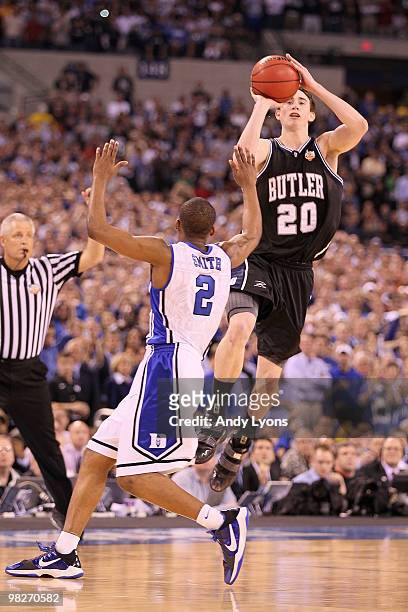 Gordon Hayward of the Butler Bulldogs shoots a last second shot from half court over Nolan Smith of the Duke Blue Devils that missed during the 2010...