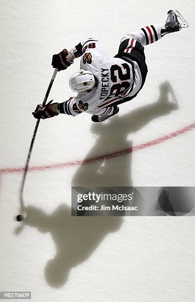 Tomas Kopecky of the Chicago Blackhawks warms up before playing against the New Jersey Devils at the Prudential Center on April 2, 2010 in Newark,...