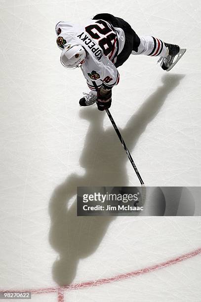 Tomas Kopecky of the Chicago Blackhawks warms up before playing against the New Jersey Devils at the Prudential Center on April 2, 2010 in Newark,...
