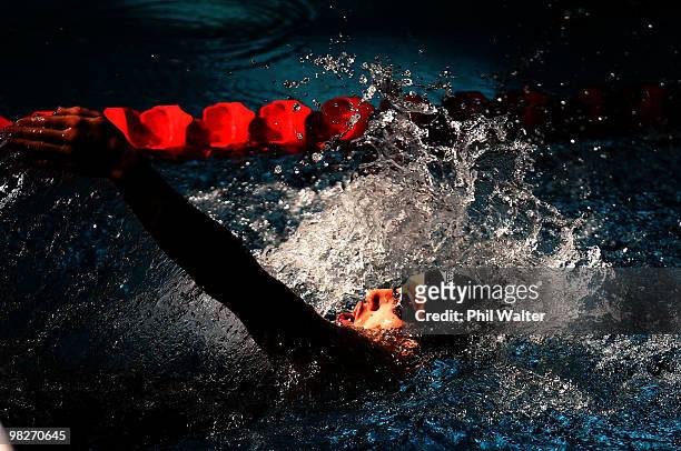 Melissa Ingram competes in the Womens 100m backstroke during day two of the New Zealand Open Swimming Championships at the West Wave Aquatic Centre...