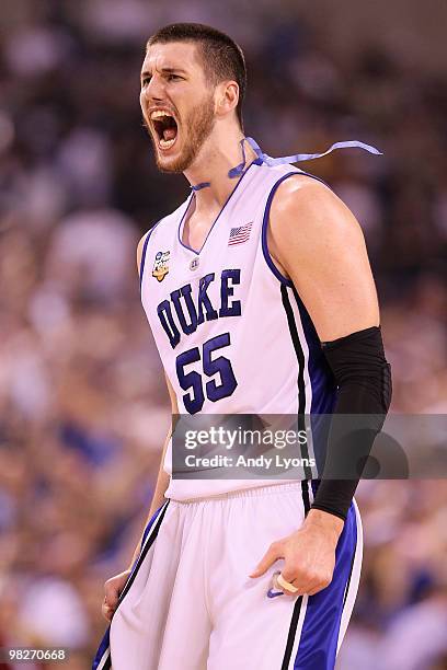 Brian Zoubek of the Duke Blue Devils reacts after the Blue Devisl defeat the Butler Bulldogs 61-59 in the 2010 NCAA Division I Men's Basketball...