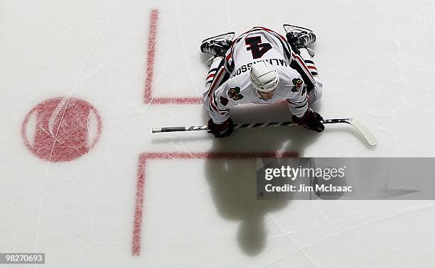 Niklas Hjalmarsson of the Chicago Blackhawks warms up before playing against the New Jersey Devils at the Prudential Center on April 2, 2010 in...